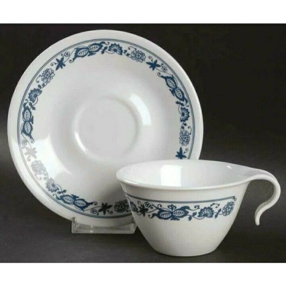 Old Town Blue Corelle Flat Cup & Saucer Hook Handle